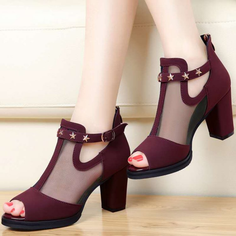 Mesh Peep Toe Block High Heels - Mesh Strap Metal recension och pris